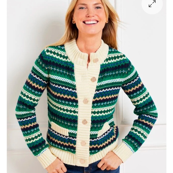 Talbots Metallic Mockneck Sweater Jacket- Cadet Fair Isle Size Petite Small - Picture 1 of 11